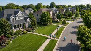 Wide aerial view of a family-friendly neighborhood with lush green lawns, sidewalks, trees, and families enjoying outdoor spaces.